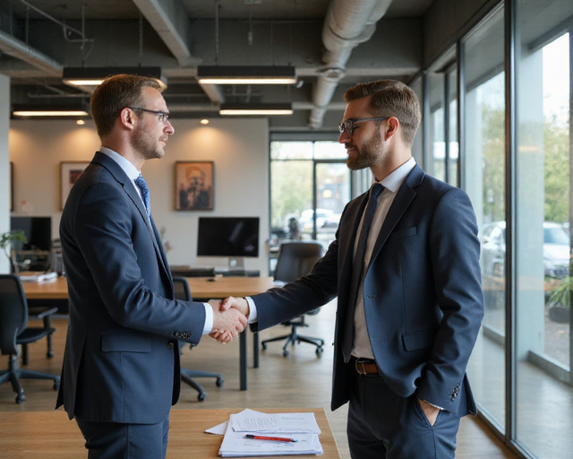 Business partners shaking hands in modern office